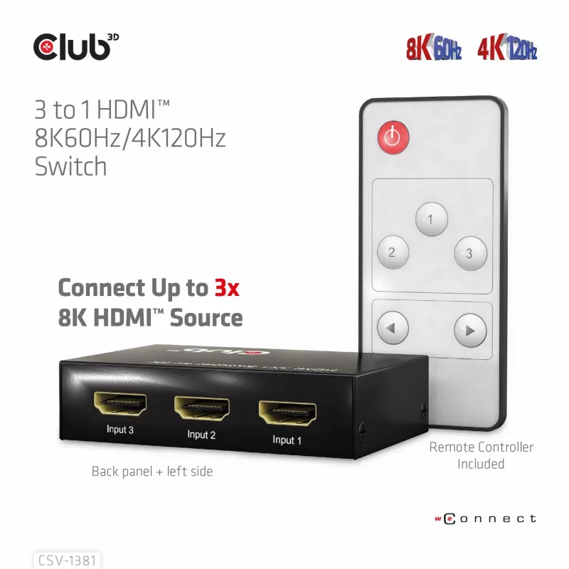 Club3D CSV-1381 conmutador HDMI 3 a 1, 8K60Hz/4K120Hz