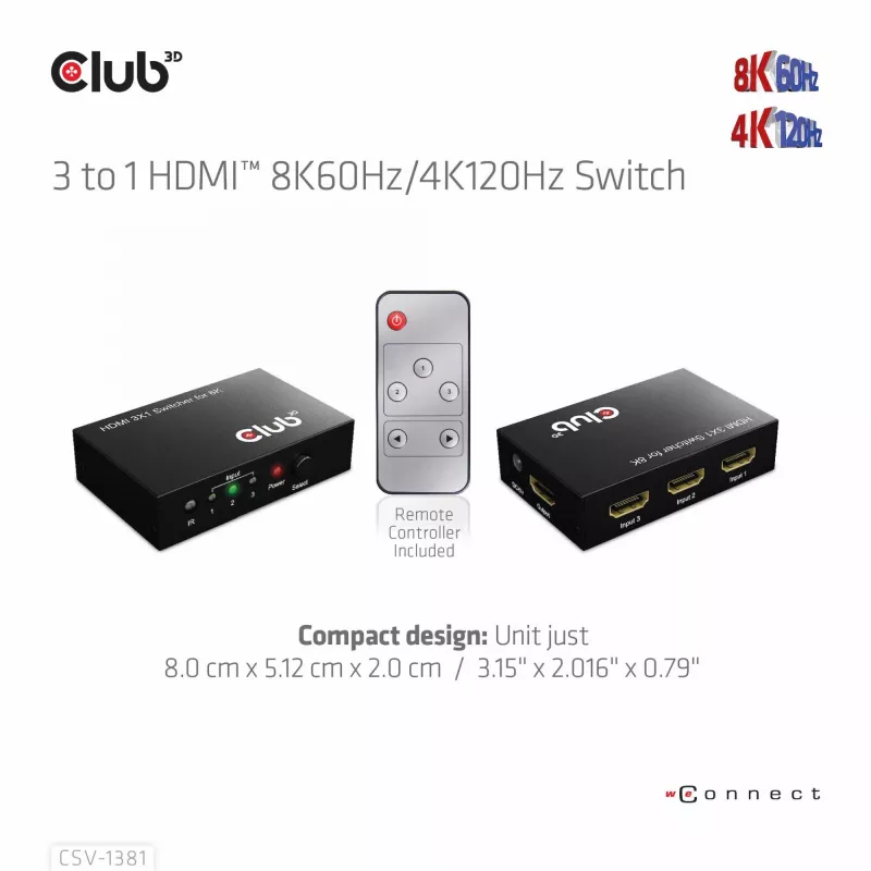 Club3D CSV-1381 conmutador HDMI 3 a 1, 8K60Hz/4K120Hz