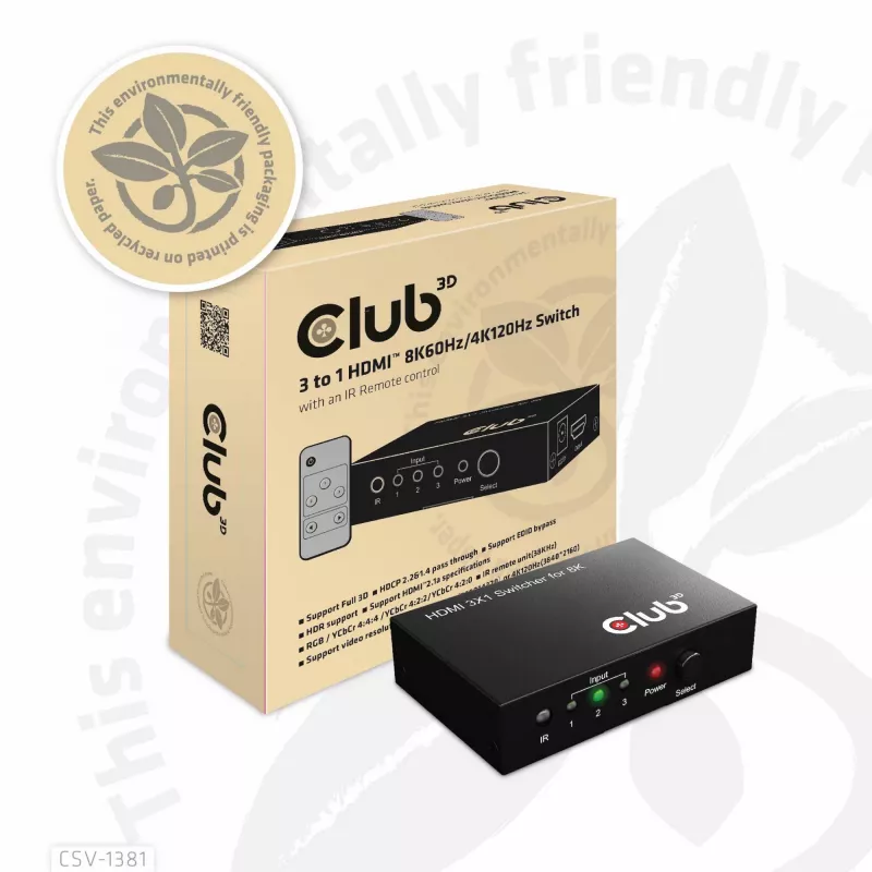 Club3D CSV-1381 conmutador HDMI 3 a 1, 8K60Hz/4K120Hz