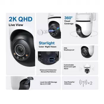TP-Link Tapo cámara de seguridad Wi-Fi con giro/inclinación para exterior, cámara de seguridad IP, interior y exterior, inalámbrica, CE, FCC, RoHS, RCM, techo, negro, blanco