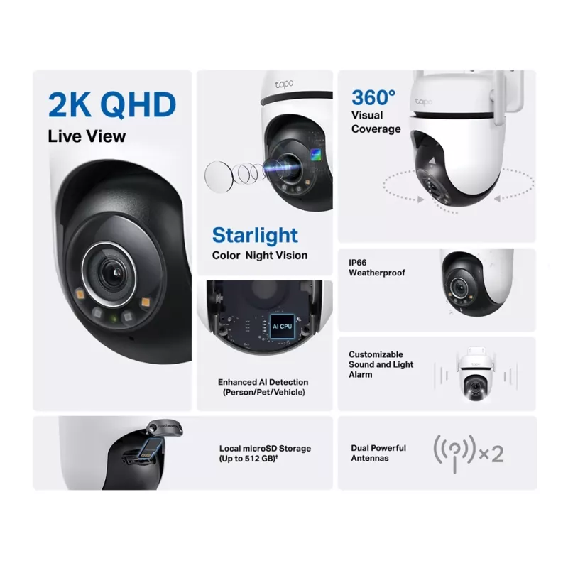 TP-Link Tapo cámara de seguridad Wi-Fi con giro/inclinación para exterior, cámara de seguridad IP, interior y exterior, inalámbrica, CE, FCC, RoHS, RCM, techo, negro, blanco