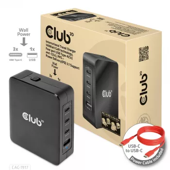 CLUB3D International Travel Charger 140W tecnología GaN, cuatro puertos USB Type-A (1x) y -C (3x), compatible con PPS + Power Delivery (PD) 3.1