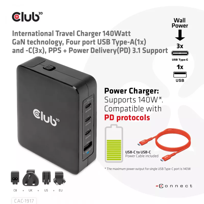 CLUB3D International Travel Charger 140W tecnología GaN, cuatro puertos USB Type-A (1x) y -C (3x), compatible con PPS + Power Delivery (PD) 3.1