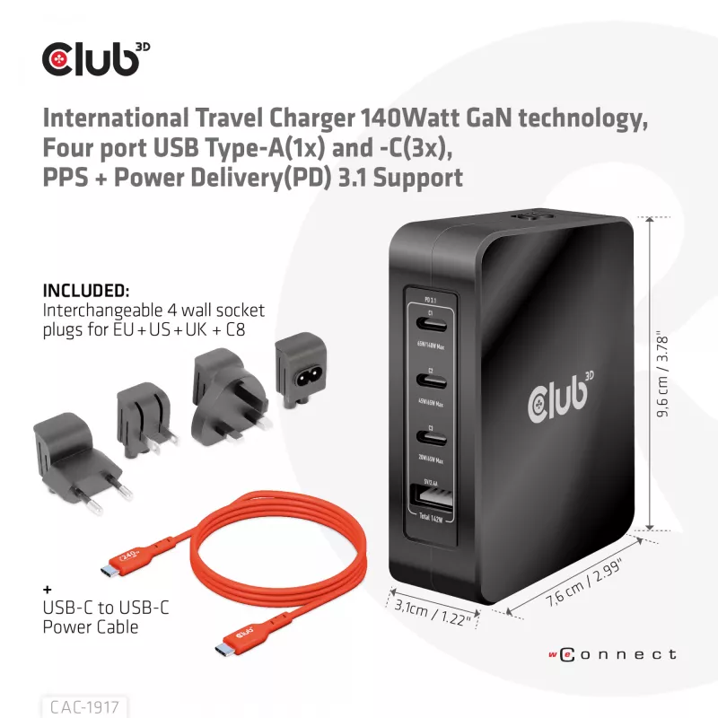 CLUB3D International Travel Charger 140W tecnología GaN, cuatro puertos USB Type-A (1x) y -C (3x), compatible con PPS + Power Delivery (PD) 3.1