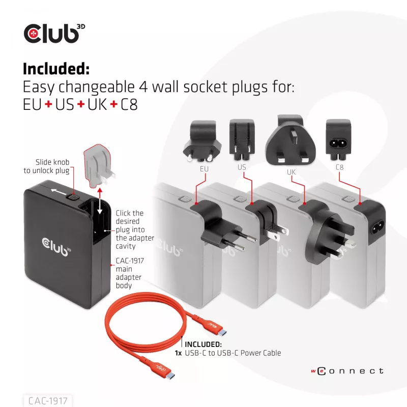 CLUB3D International Travel Charger 140W tecnología GaN, cuatro puertos USB Type-A (1x) y -C (3x), compatible con PPS + Power Delivery (PD) 3.1