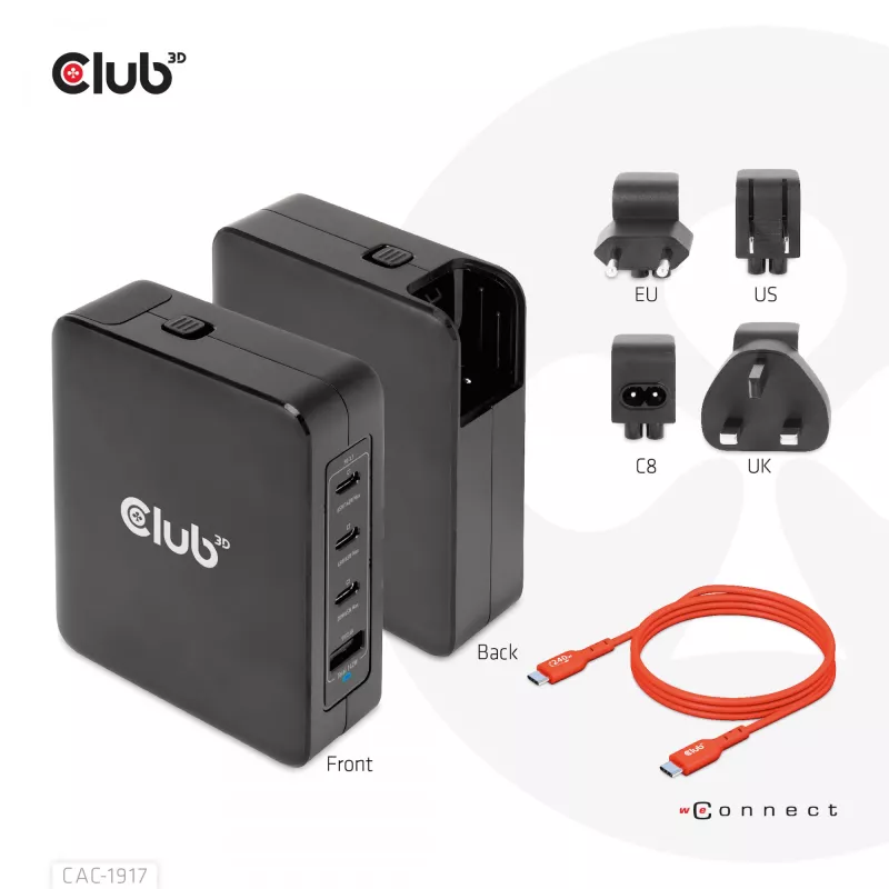 CLUB3D International Travel Charger 140W tecnología GaN, cuatro puertos USB Type-A (1x) y -C (3x), compatible con PPS + Power Delivery (PD) 3.1