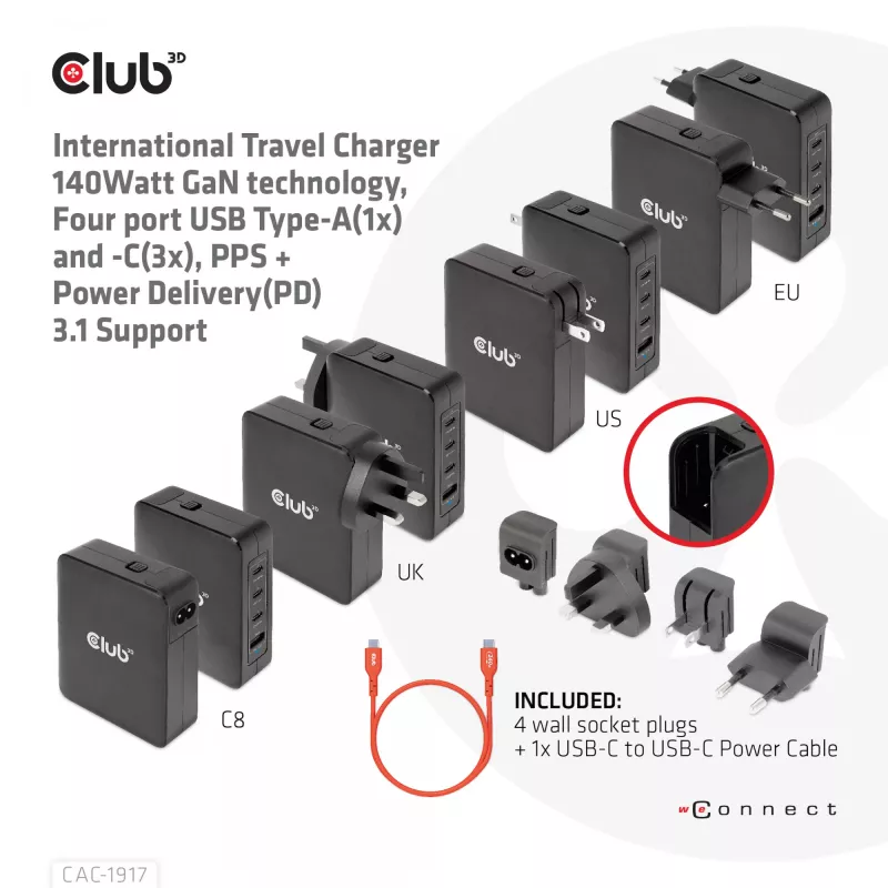 CLUB3D International Travel Charger 140W tecnología GaN, cuatro puertos USB Type-A (1x) y -C (3x), compatible con PPS + Power Delivery (PD) 3.1