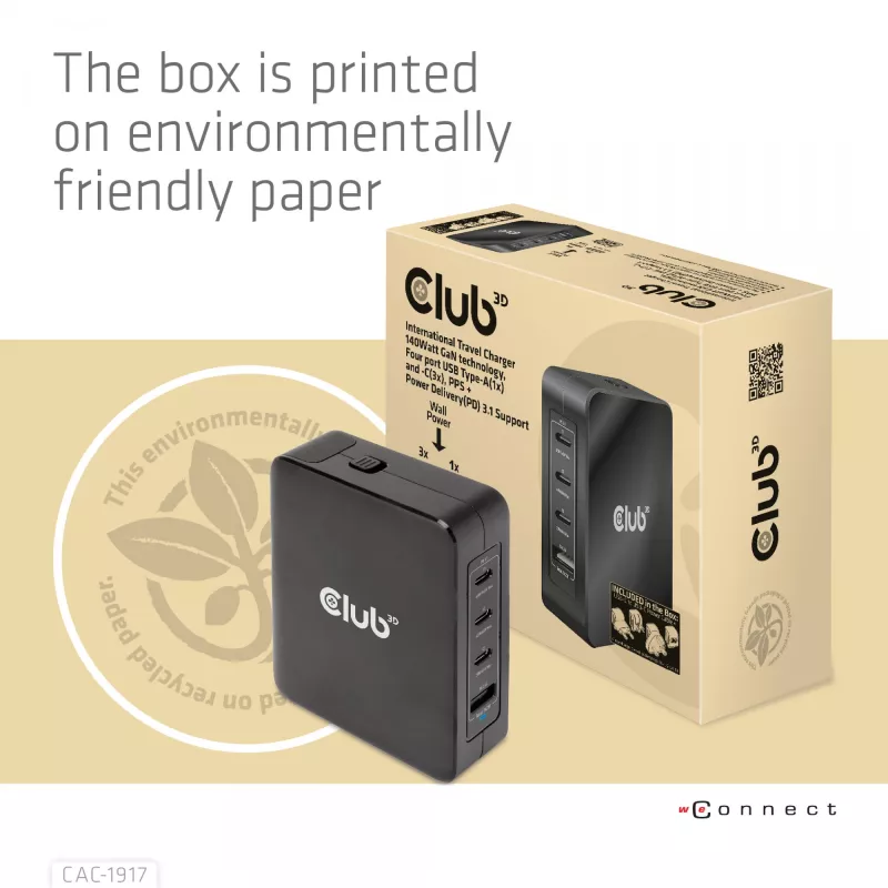 CLUB3D International Travel Charger 140W tecnología GaN, cuatro puertos USB Type-A (1x) y -C (3x), compatible con PPS + Power Delivery (PD) 3.1