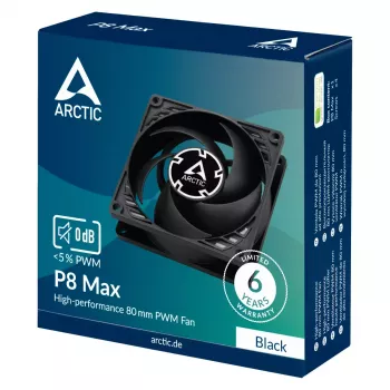 Ventilador de 80 mm Arctic P8 Max High-Performance PWM, 80 mm de diámetro, negro, 67,96 m³/h flujo de aire, 0,6 Sone