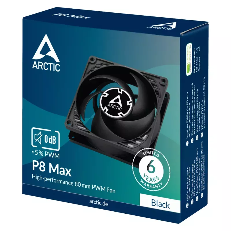 Ventilador de 80 mm Arctic P8 Max High-Performance PWM, 80 mm de diámetro, negro, 67,96 m³/h flujo de aire, 0,6 Sone