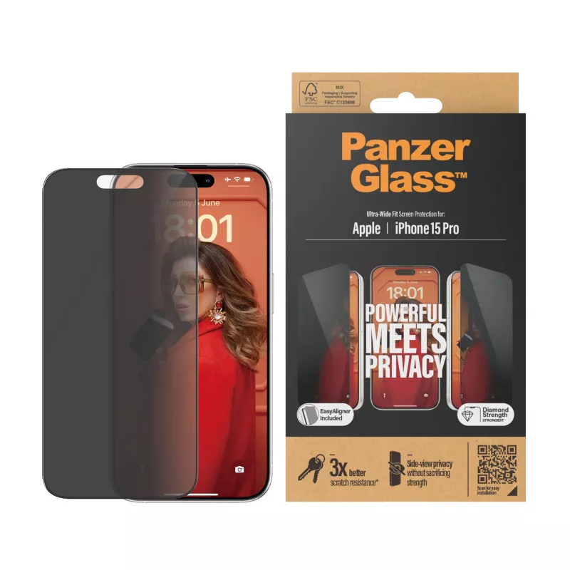 PanzerGlass ® Protector de pantalla de privacidad iPhone 15 Pro | Ultra-Wide Fit con EasyAligner