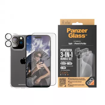 PanzerGlass ® Pack 3 en 1 iPhone 15 Pro Max, Apple, Apple - iPhone 15 Pro Max, Aplicación en seco, Antigolpes, Transparente, 1 unidad