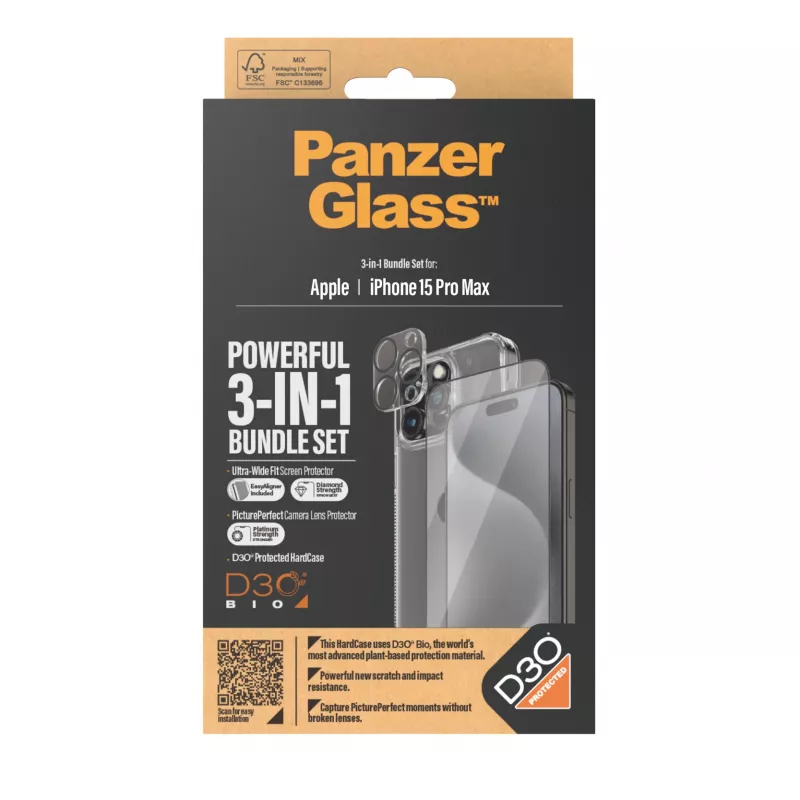 PanzerGlass ® Pack 3 en 1 iPhone 15 Pro Max, Apple, Apple - iPhone 15 Pro Max, Aplicación en seco, Antigolpes, Transparente, 1 unidad