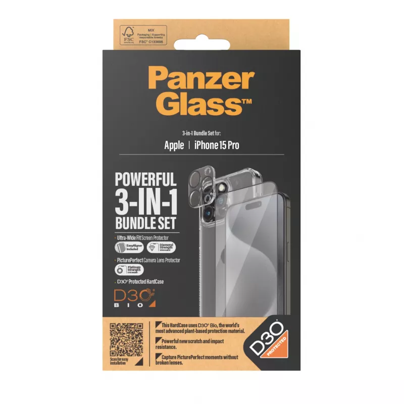 PanzerGlass Pack 3 en 1 iPhone 15 Pro Cristal Templado Transparente