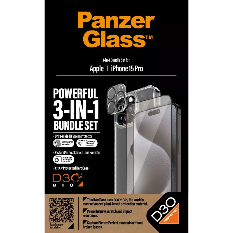 PanzerGlass Pack 3 en 1 iPhone 15 Pro Cristal Templado Transparente