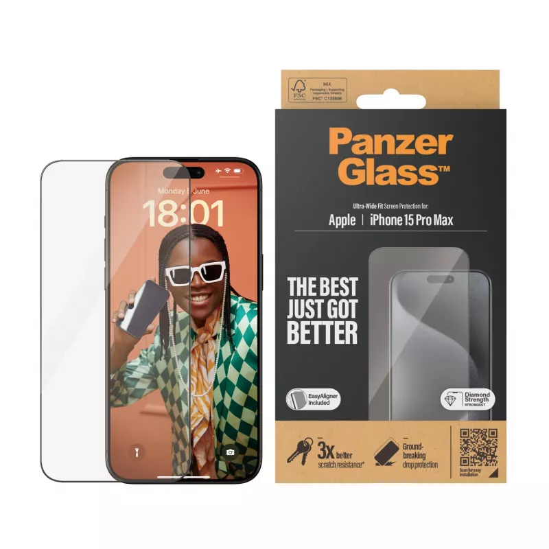 PanzerGlass ® Protector de pantalla iPhone 15 Pro Max | Ultra-Wide Fit con EasyAligner