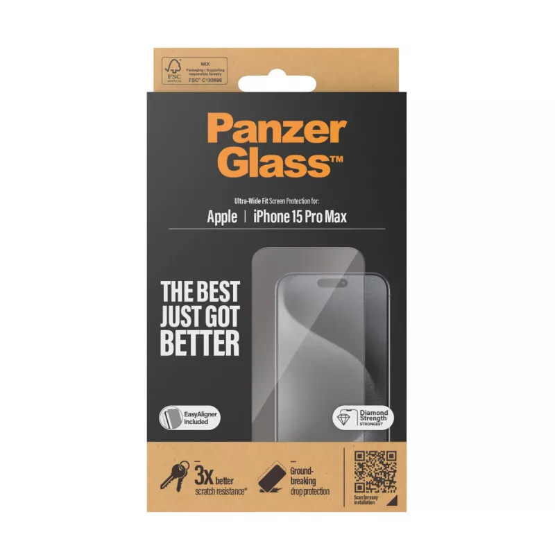 PanzerGlass ® Protector de pantalla iPhone 15 Pro Max | Ultra-Wide Fit con EasyAligner