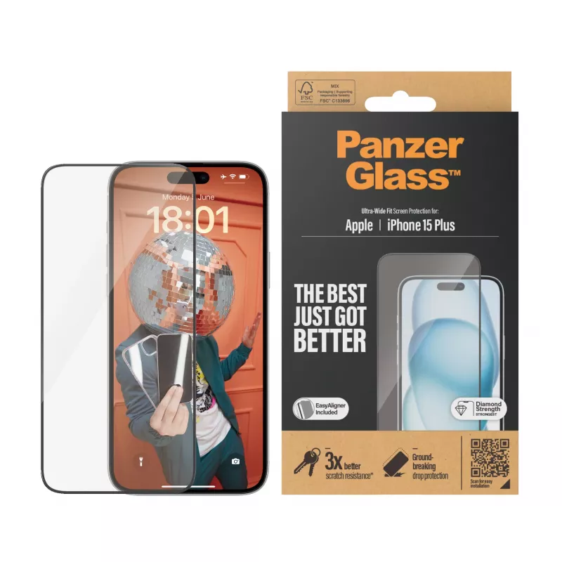 PanzerGlass ® Protector de pantalla iPhone 15 Plus | Ultra-Wide Fit con EasyAligner