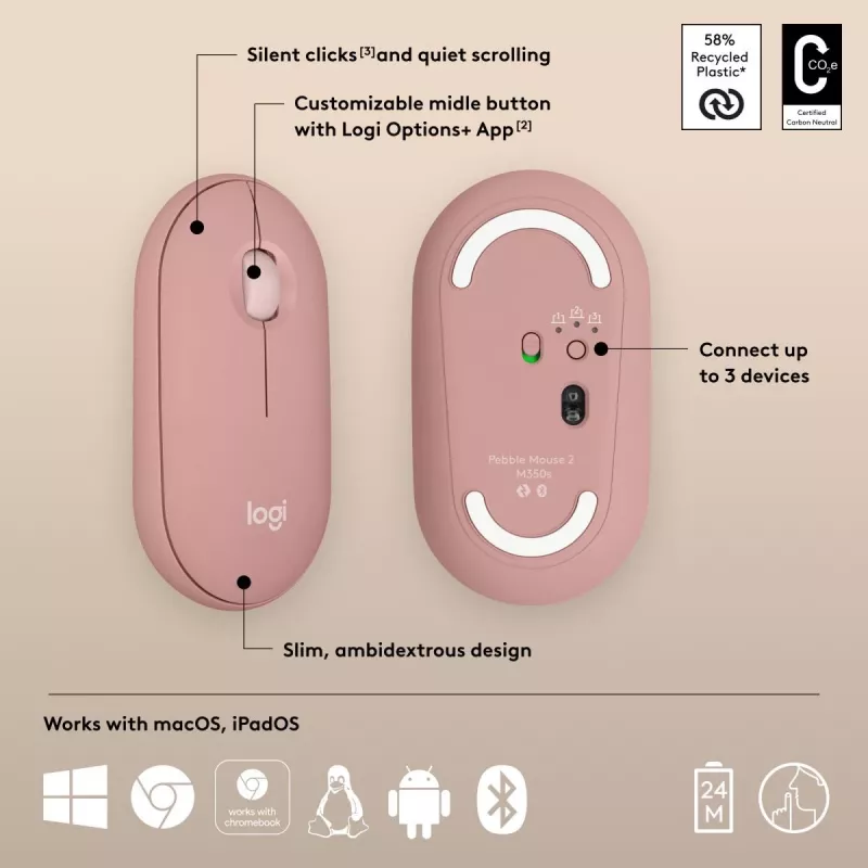 LOGITECH Pebble 2 M350s Ratón óptico inalámbrico rosa