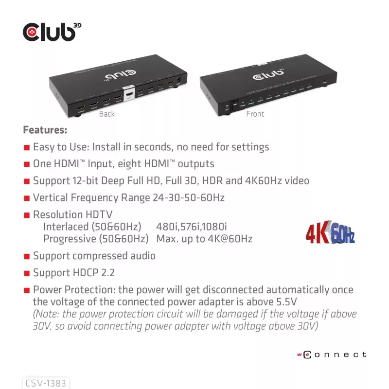 Splitter HDMI™ CLUB3D de 1 a 8 Full 3D y 4K60Hz (600MHz)