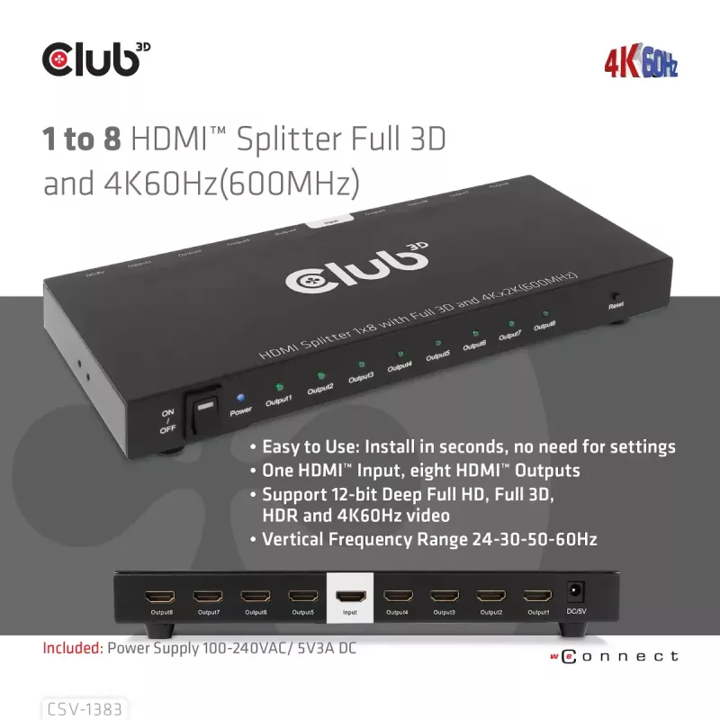 Splitter HDMI™ CLUB3D de 1 a 8 Full 3D y 4K60Hz (600MHz)