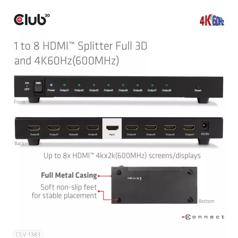 Splitter HDMI™ CLUB3D de 1 a 8 Full 3D y 4K60Hz (600MHz)