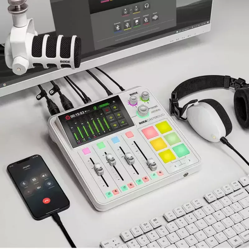 Interfaz de audio Rode RodeCaster Duo blanco – Consola de podcasting USB de 2 canales con mezclador y previos