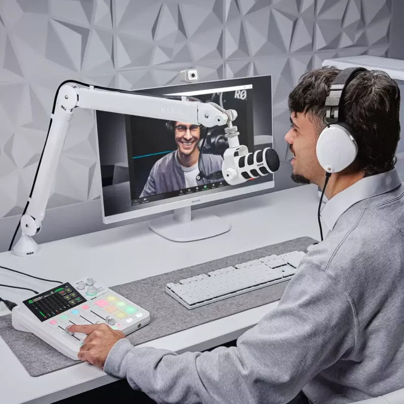 Interfaz de audio Rode RodeCaster Duo blanco – Consola de podcasting USB de 2 canales con mezclador y previos