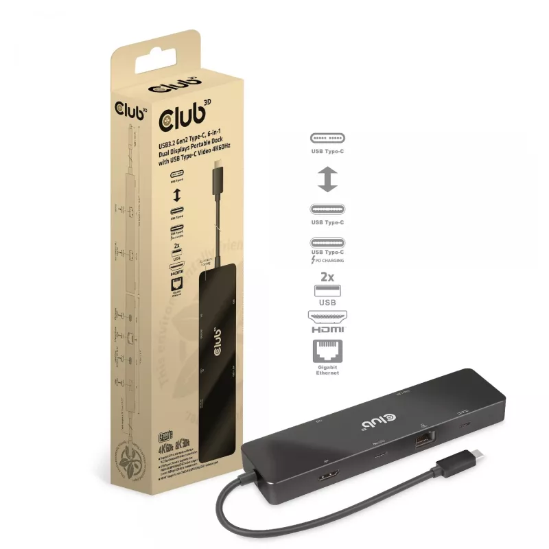 CLUB3D USB3.2 Gen2 Type-C, dock portátil 6 en 1 de doble pantalla con vídeo USB Type-C 4K60Hz