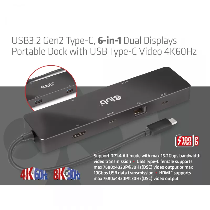 CLUB3D USB3.2 Gen2 Type-C, dock portátil 6 en 1 de doble pantalla con vídeo USB Type-C 4K60Hz