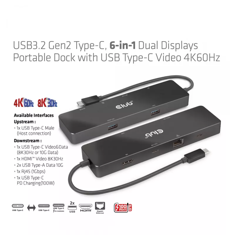CLUB3D USB3.2 Gen2 Type-C, dock portátil 6 en 1 de doble pantalla con vídeo USB Type-C 4K60Hz