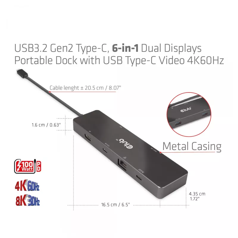 CLUB3D USB3.2 Gen2 Type-C, dock portátil 6 en 1 de doble pantalla con vídeo USB Type-C 4K60Hz