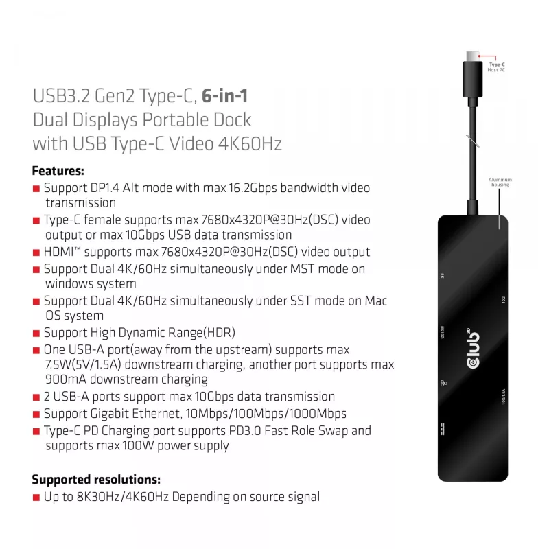 CLUB3D USB3.2 Gen2 Type-C, dock portátil 6 en 1 de doble pantalla con vídeo USB Type-C 4K60Hz