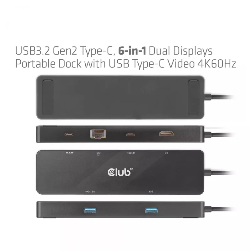 CLUB3D USB3.2 Gen2 Type-C, dock portátil 6 en 1 de doble pantalla con vídeo USB Type-C 4K60Hz