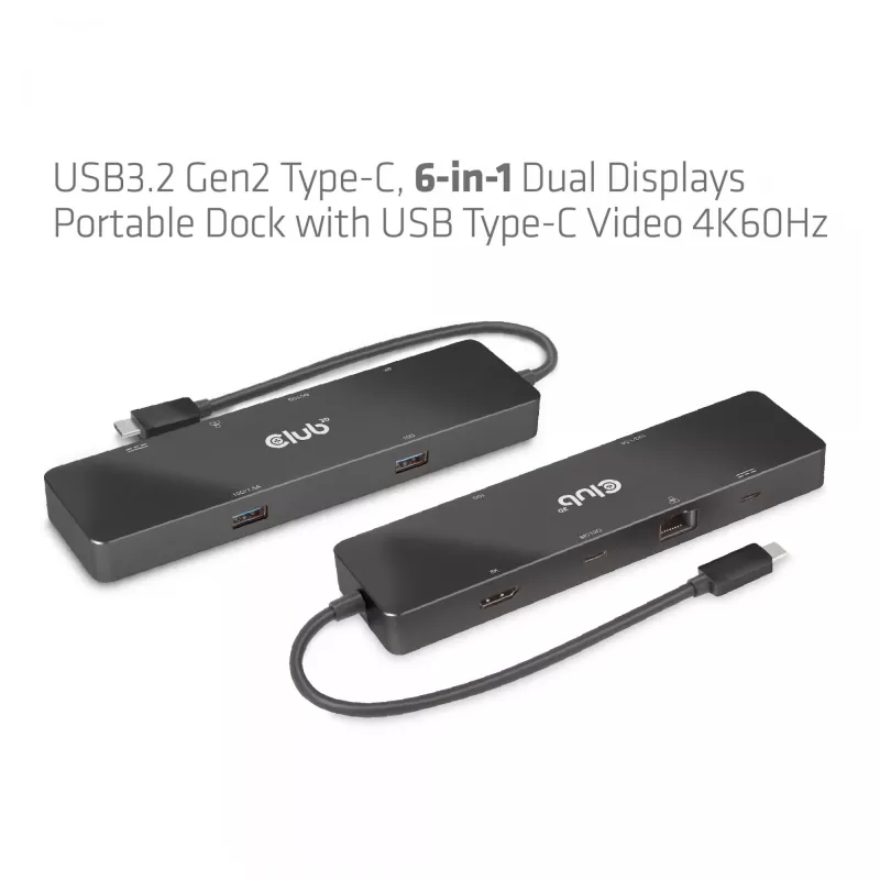 CLUB3D USB3.2 Gen2 Type-C, dock portátil 6 en 1 de doble pantalla con vídeo USB Type-C 4K60Hz