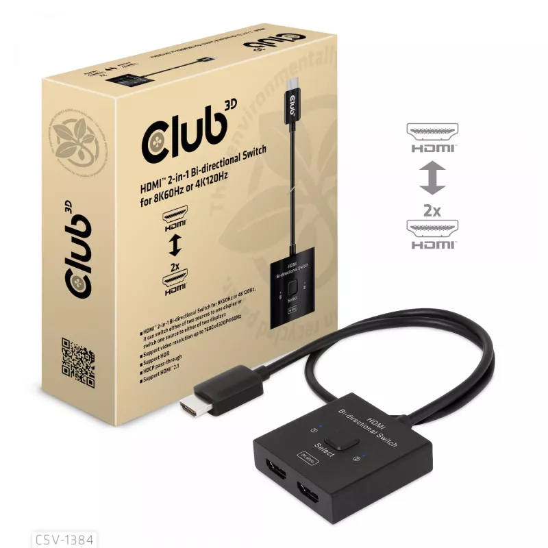CLUB3D Switch bidireccional HDMI 2 en 1 8K60Hz 4K120Hz CSV-1384