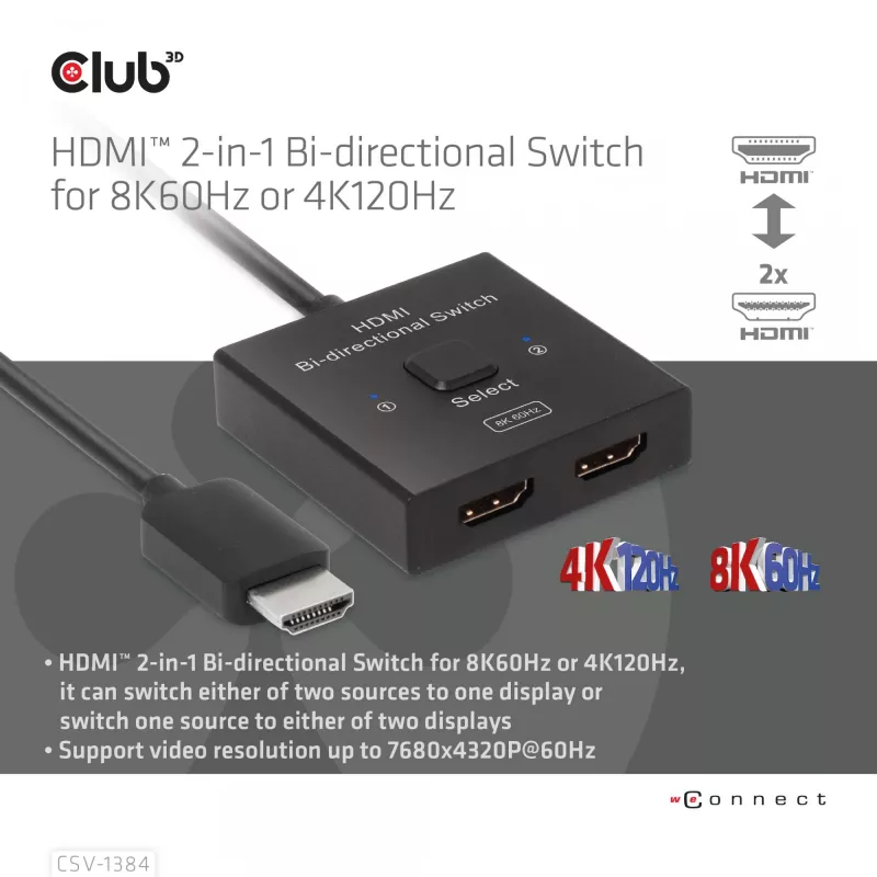CLUB3D Switch bidireccional HDMI 2 en 1 8K60Hz 4K120Hz CSV-1384