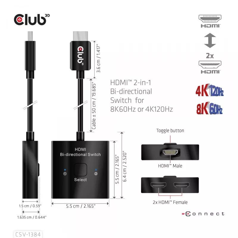 CLUB3D Switch bidireccional HDMI 2 en 1 8K60Hz 4K120Hz CSV-1384