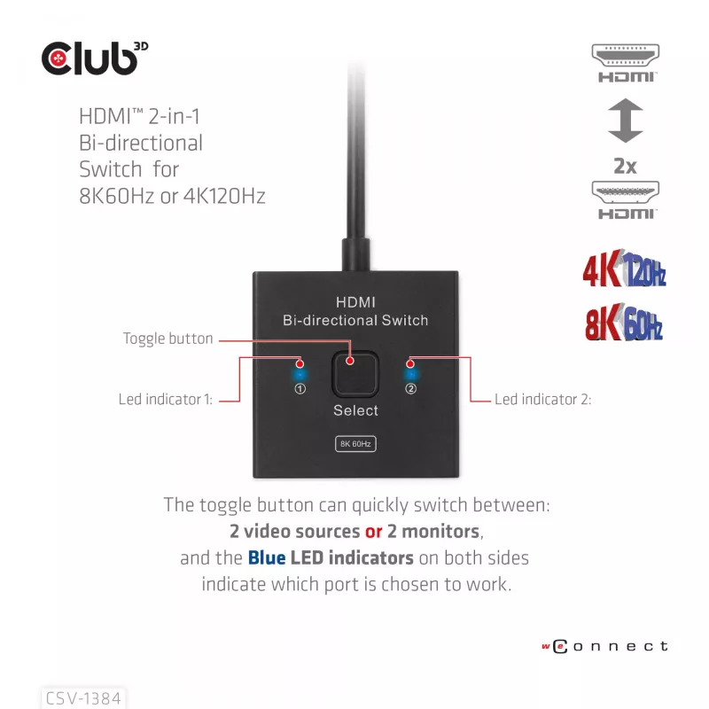CLUB3D Switch bidireccional HDMI 2 en 1 8K60Hz 4K120Hz CSV-1384
