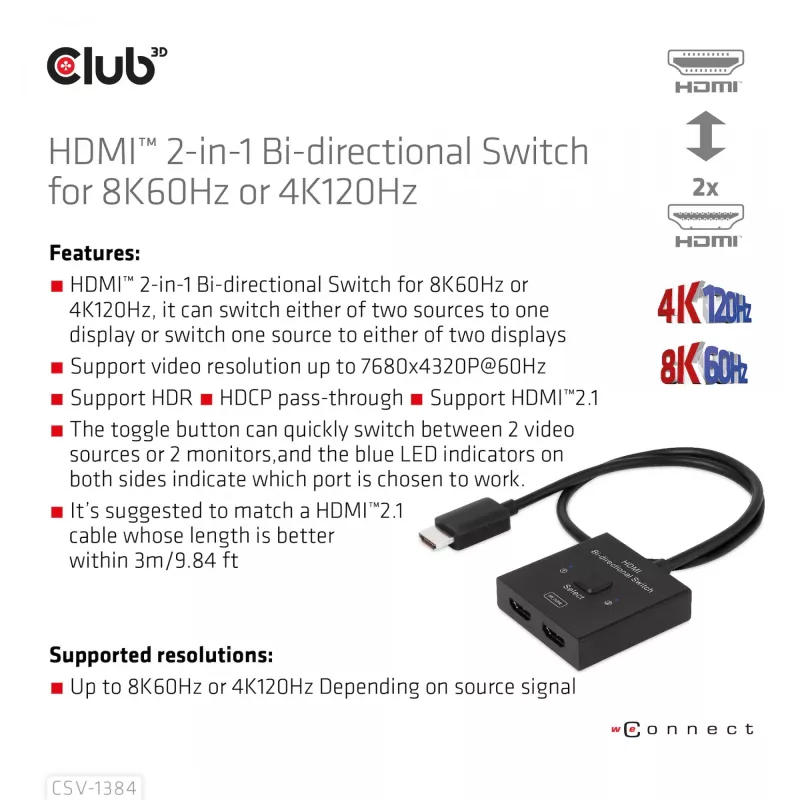 CLUB3D Switch bidireccional HDMI 2 en 1 8K60Hz 4K120Hz CSV-1384