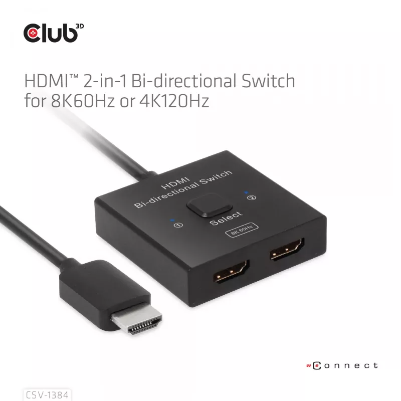 CLUB3D Switch bidireccional HDMI 2 en 1 8K60Hz 4K120Hz CSV-1384