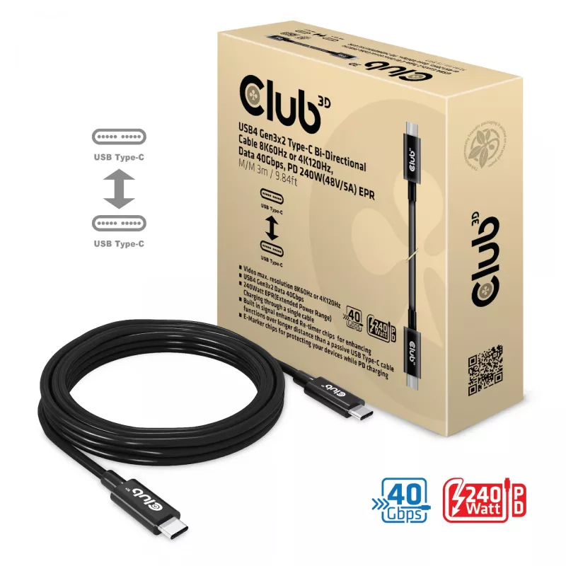 CLUB3D Cable bidireccional USB4 Gen3x2 Type-C 8K60Hz o 4K120Hz, datos 40Gbps, PD 240W(48V/5A) EPR M/M 3m / 9.84ft