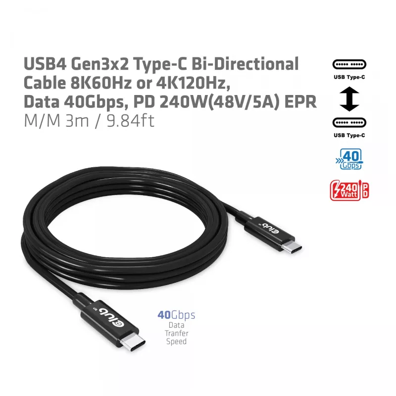 CLUB3D Cable bidireccional USB4 Gen3x2 Type-C 8K60Hz o 4K120Hz, datos 40Gbps, PD 240W(48V/5A) EPR M/M 3m / 9.84ft