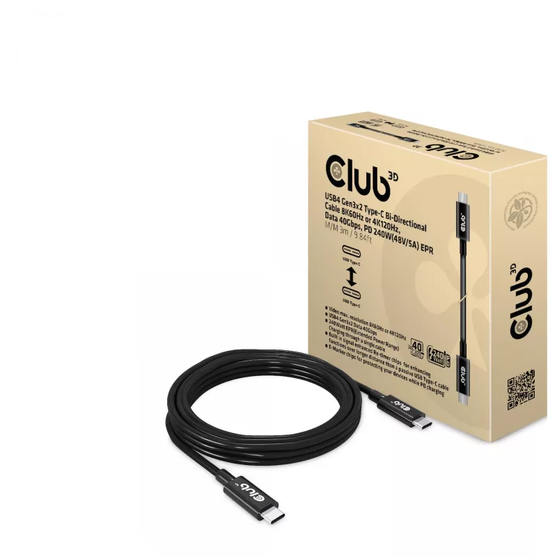 CLUB3D Cable bidireccional USB4 Gen3x2 Type-C 8K60Hz o 4K120Hz, datos 40Gbps, PD 240W(48V/5A) EPR M/M 3m / 9.84ft