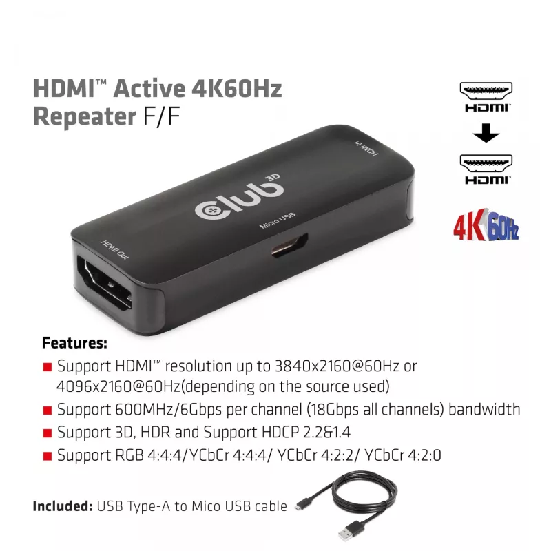 CLUB3D Repetidor HDMI activo 4K60Hz F/F