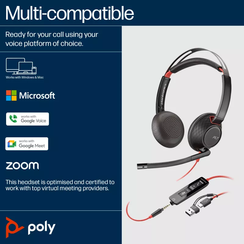 HP Poly Blackwire 5220 auriculares estéreo USB-C + conector jack de 3,5 mm + adaptador USB-C/A