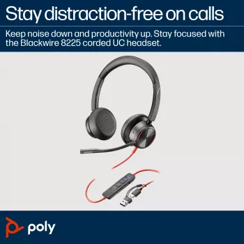 HP Poly Blackwire 8225 auriculares estéreo USB-C certificados para Microsoft Teams + adaptador USB-C/A