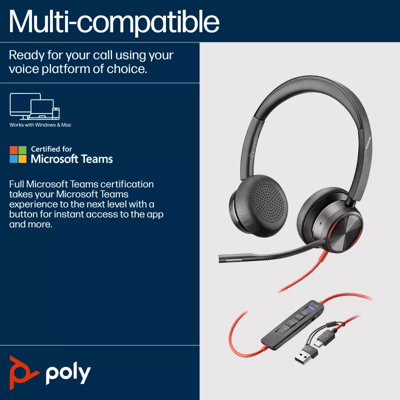 HP Poly Blackwire 8225 auriculares estéreo USB-C certificados para Microsoft Teams + adaptador USB-C/A