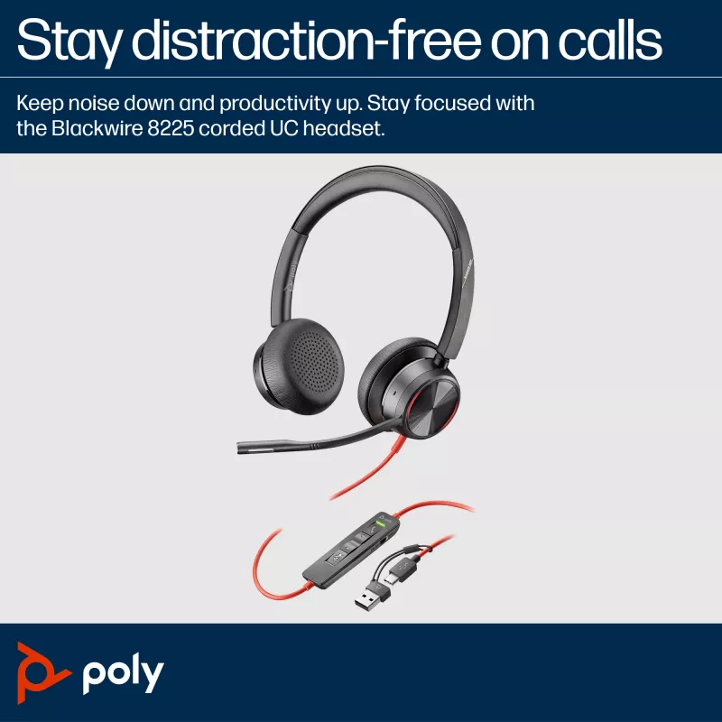 HP Poly Blackwire 8225 auriculares estéreo USB-C certificados para Microsoft Teams + adaptador USB-C/A