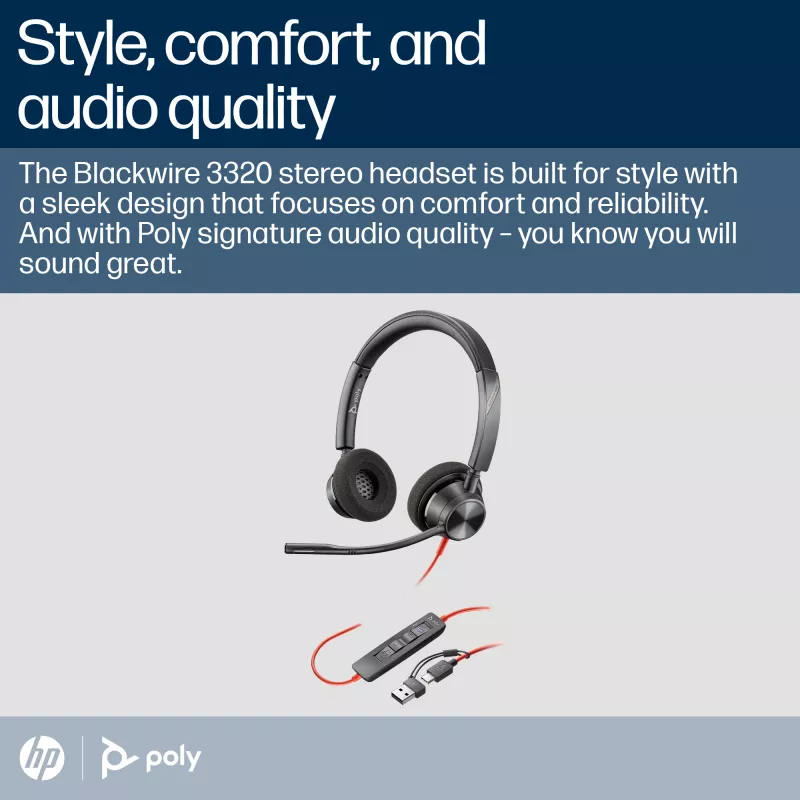 HP Poly Blackwire 3320 auriculares estéreo USB-C certificados para Microsoft Teams + adaptador USB-C/A